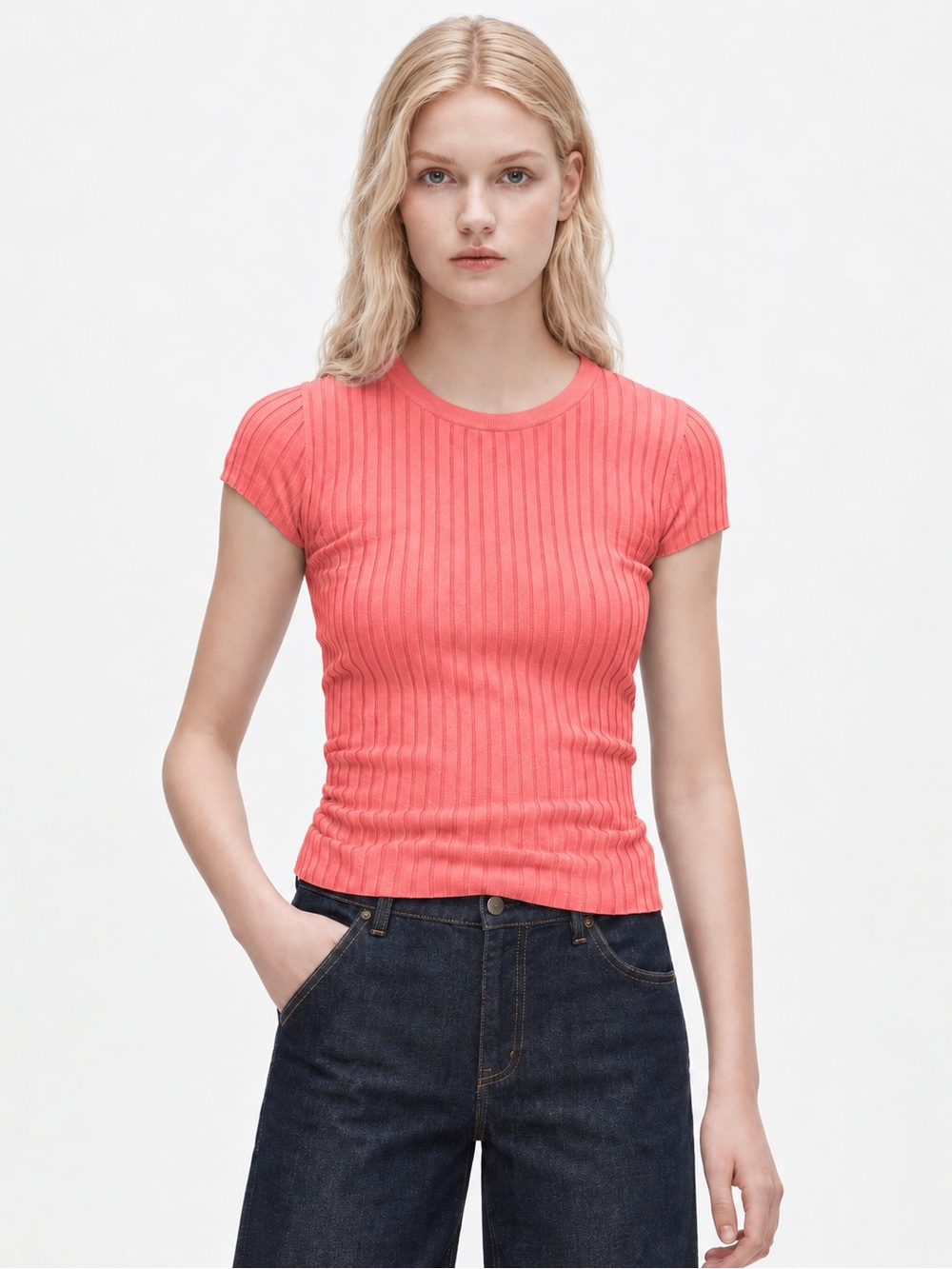 J.Crew Featherweight Cashmere Ribbed Sweater Tee Neon Brilliant Peony Sz Lg NWT